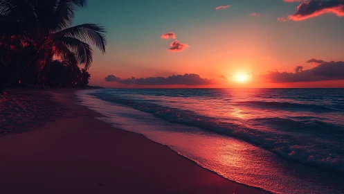 Neon hush over palmshadow shore at violet-tinted sunset.