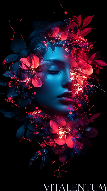Blue female face merges with neon red floral explosion