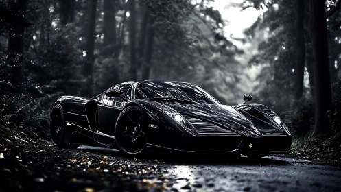 Black sports car is parked on a wet forest roadway