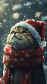 Festive tabby cat in Santa hat with snowflake scarf.