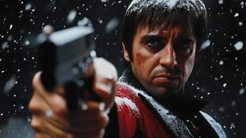 Close-range gun threat in snowfall with intense facial focus