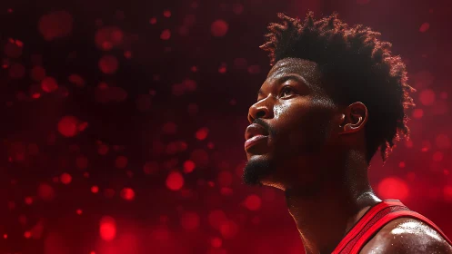 Red arena dreamer poised in glowing bokeh storm of grit.