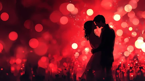 Silhouetted Couple Embracing in Radiant Red Bokeh.