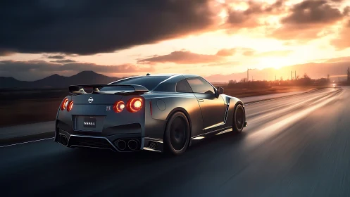 Sports coupe on open highway at sunset in motion.