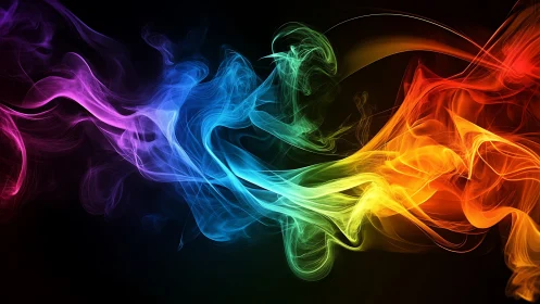 Digital painting of prismatic smoke currents over black field.