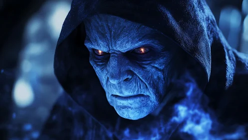 Mysterious blue sorcerer cloaked in glowing shadowy magic.