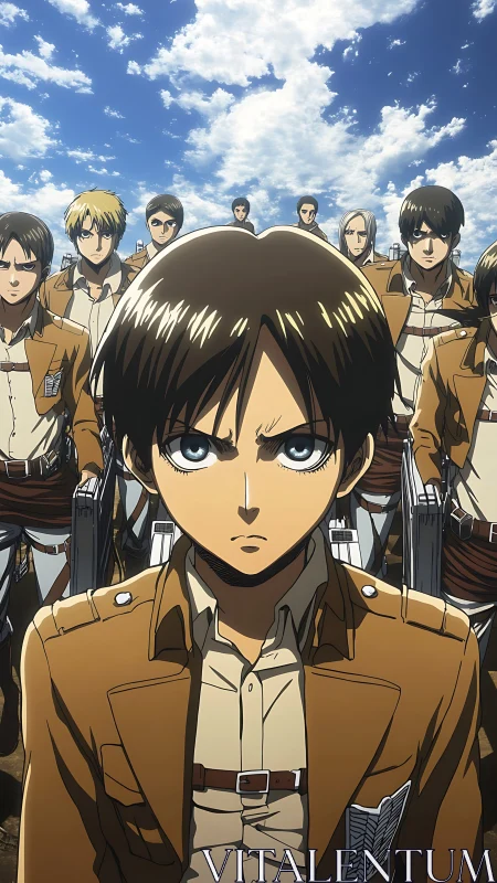 Resolute cadet squad under dynamic cloud-swept sky.