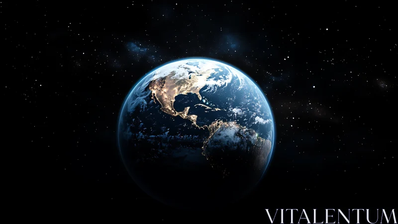 Earth viewed from space with illuminated continents at night.