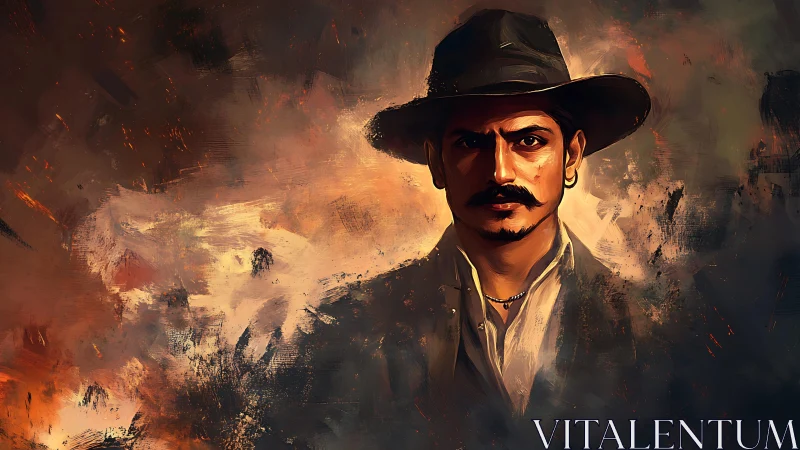 Dramatic mustached man in fedora painted with fiery brushwork