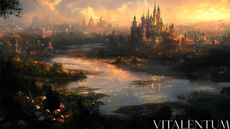 Golden fantasy castle reflects across misty twilight lake.