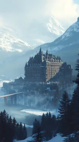 Large mountain castle above frozen river and forest in winter.