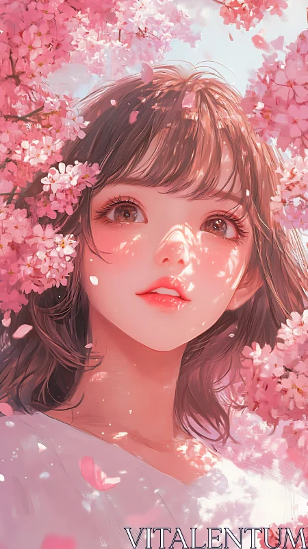 Girl beneath cherry blossoms gazes into soft spring light.