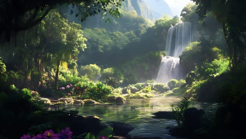 Dense rainforest pool with tiered waterfall and foliage.