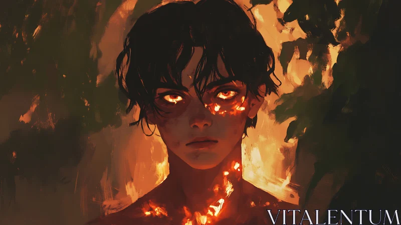 Fiery-eyed youth amid burning shadows and embered skin.