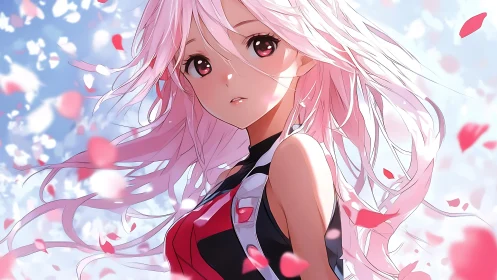 Pink haired anime figure is depicted among drifting petals