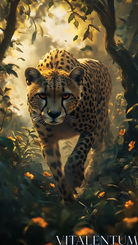 Cheetah advances through sunlit forest corridor with cinematic depth