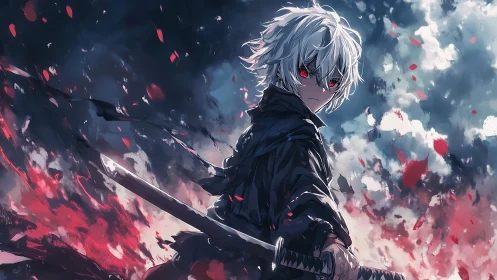 White haired swordsman with red eyes in burning sky