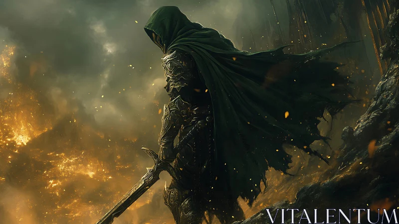 Hooded armored warrior stands over burning fantasy landscape