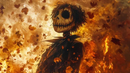 Scarecrow skull figure wreathed in burning autumn leaves.