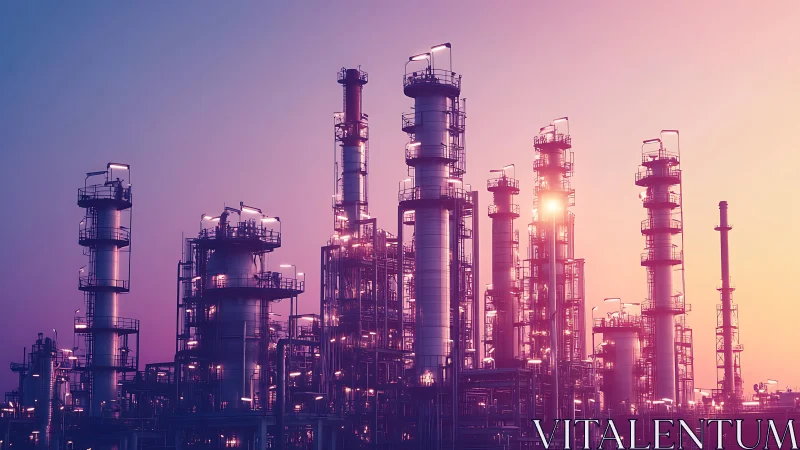 Sunlit refinery towers glow warmly under a pastel evening sky