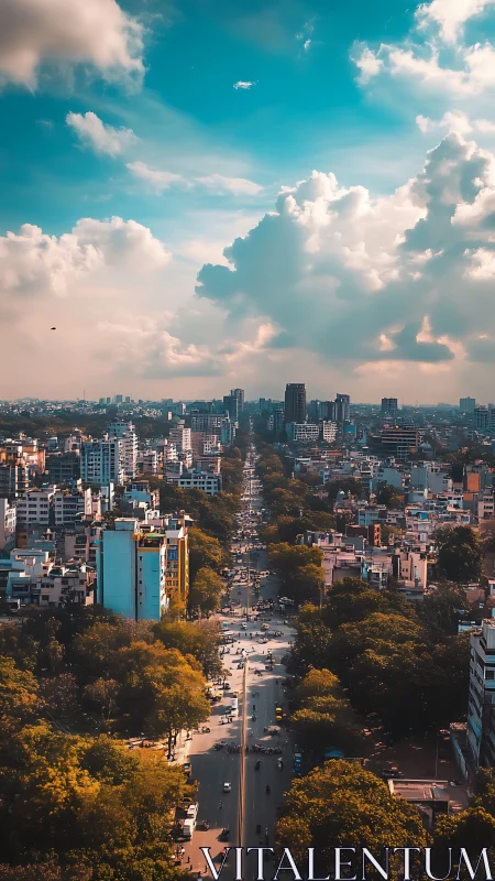 Sunlit urban boulevard under dramatic cloud-filled sky.