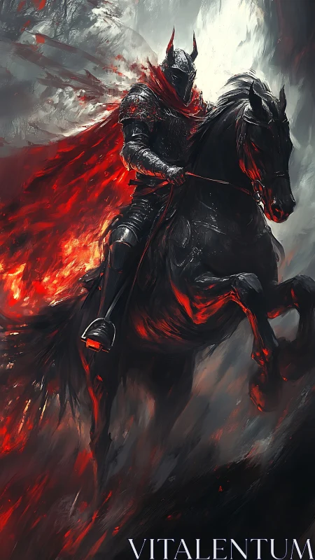 Armored rider on dark horse amid red fire and smoke.