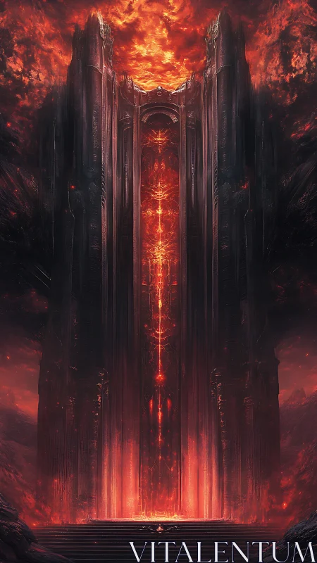 Towering demonic gate under burning red inferno sky.
