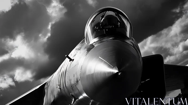Monochrome jet fighter nose under dramatic storm clouds.