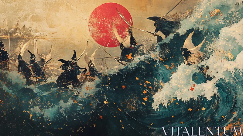 Samurai warriors advancing through turbulent ocean waves.