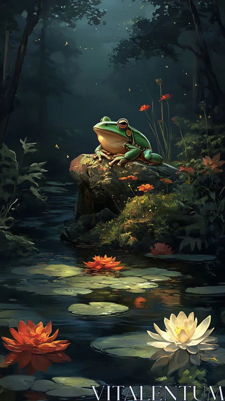 Green frog on mossy rock above lily pond in dim forest.