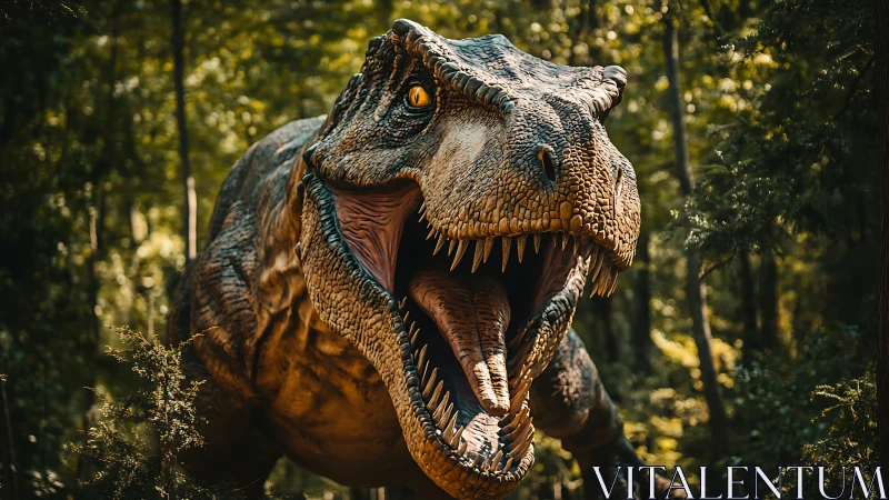 Tyrannosaurus rex model roars in dense green forest setting