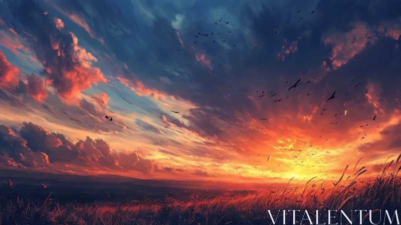 Digital sunset sky over field with stratified clouds and birds