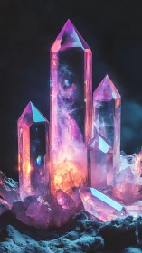 Glowing amethyst crystal towers rise in a dreamy night scene