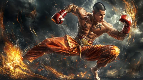 Martial artist launches fiery aerial kick in hyperreal combat