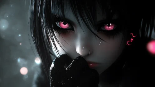 Dark-haired girl holds gaze with glowing pink eyes
