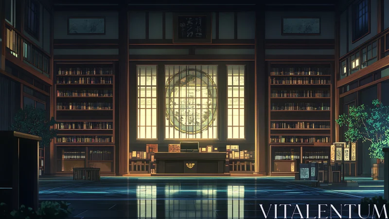 Lantern-lit study hall where quiet shelves cradle secrets.