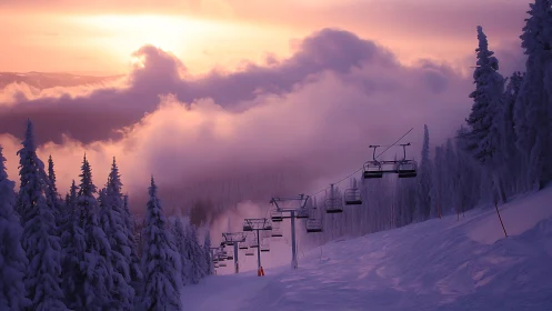 Ski lift chairs hang over snowy slope at winter sunset