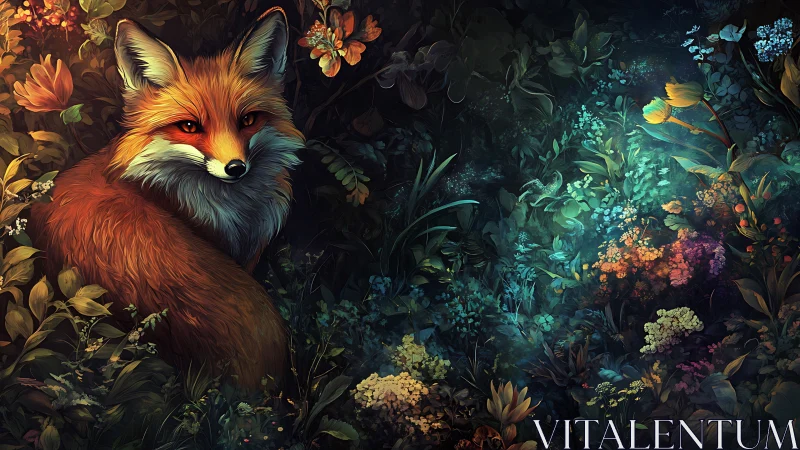 Bioluminescent forest vignette with red fox and floral glow