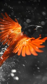 Orange-winged bird in mid-flight with water droplets present.