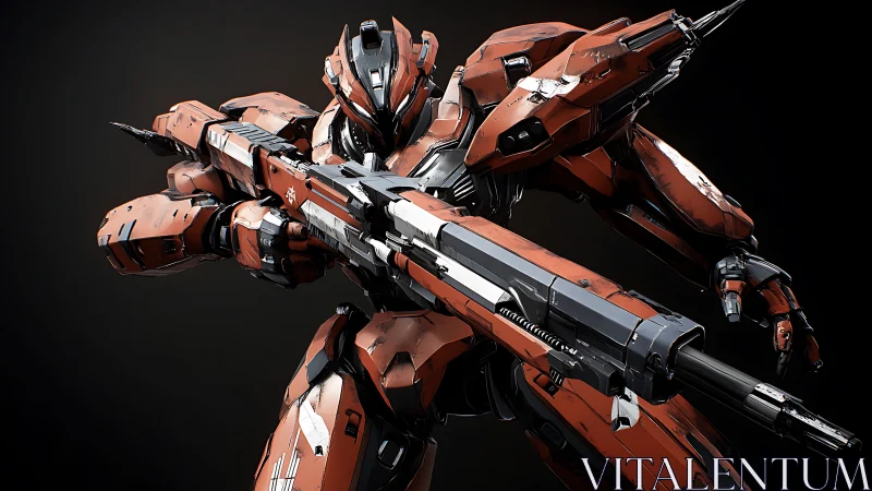 Armored red combat mech aims large futuristic rifle forward