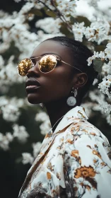 Portrait of person in floral jacket with reflective glasses.