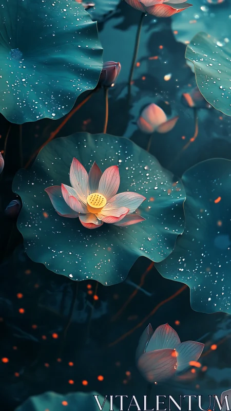 Lotus flowers and leaves with water droplets at dusk.
