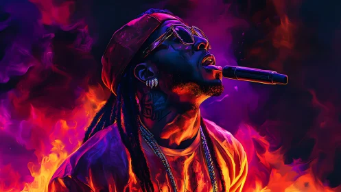 Vibrant hip hop vocalist in neon flames and vapor haze.