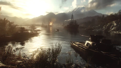 Sunlit war harbor resting beneath snow capped mountains.