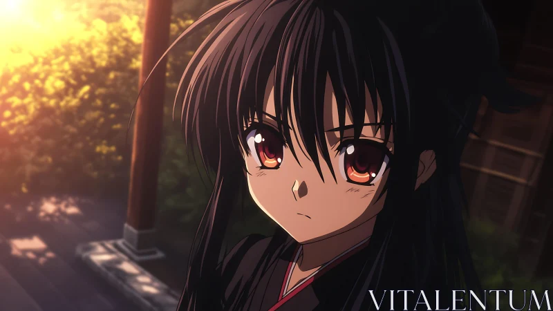 Serious anime girl in sunset light on wooden veranda.