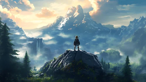 Lone adventurer overlooking vast misty mountain valley.