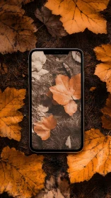 Smartphone on forest floor with orange autumn leaves.