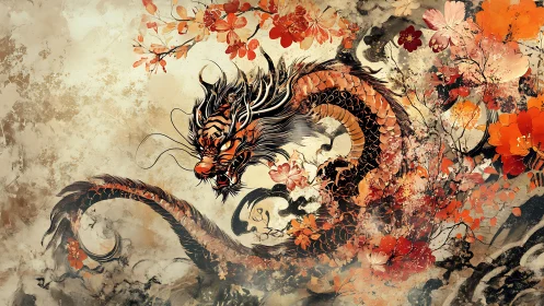 Fiery oriental dragon coils through crimson blossom storm.