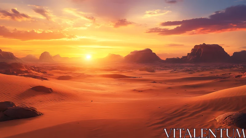 High-dynamic-range desert sunset with stratified dunes and mesas