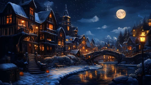 Snowy medieval village river scene under full moonlight.